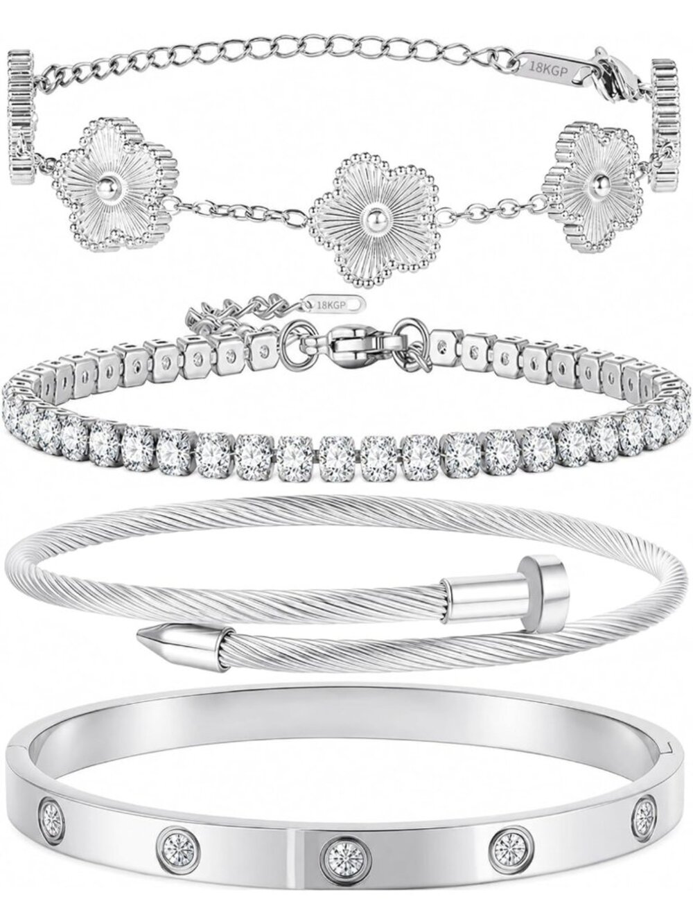 4-Pc Silver Stackable Bangle Bracelet Set - Non-Tarnish Jewelry Gifts for Women